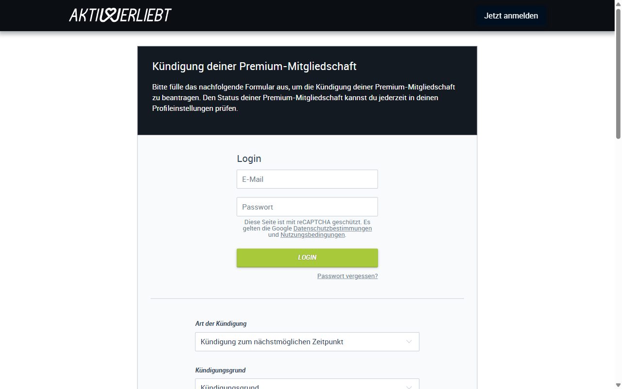 Formular zur Kündigung der Premium-Mitgliedschaft bei Aktiv und Verliebt