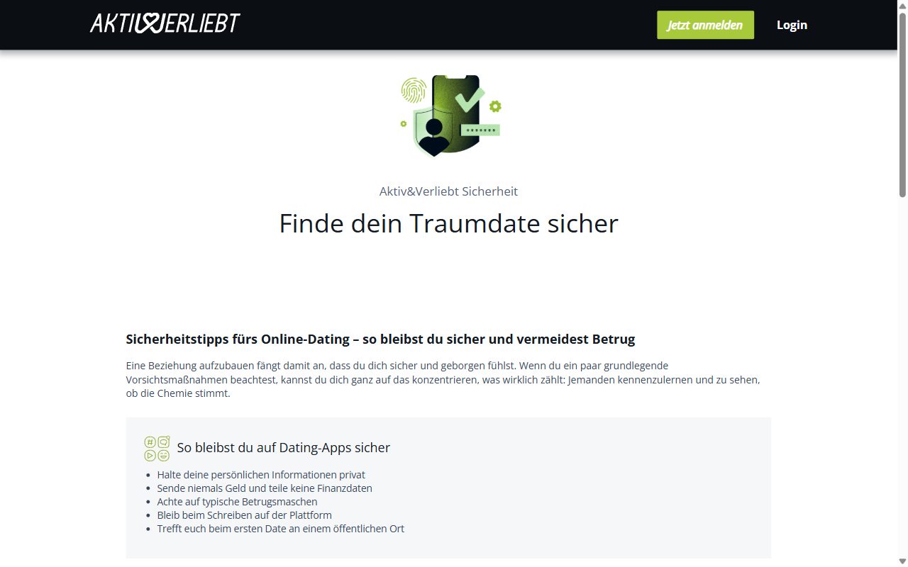 Sicherheitsseite von Aktiv und Verliebt mit Tipps gegen Betrug