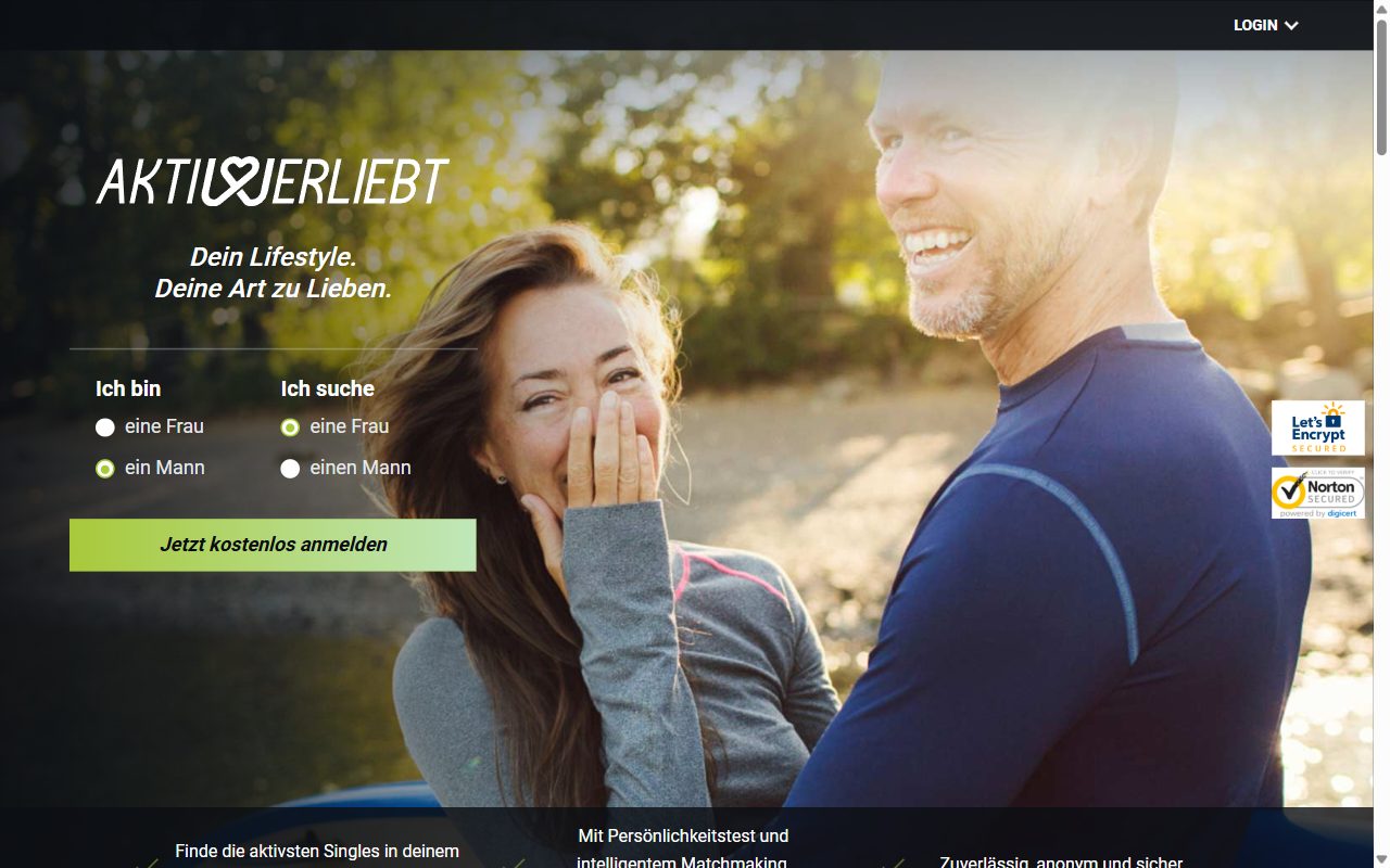 Startseite von aktiv-und-verliebt.de mit Auswahl Ich bin und Ich suche