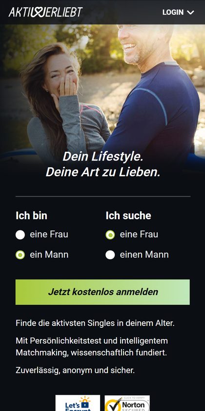 Startseite von Aktiv und Verliebt auf dem Smartphone